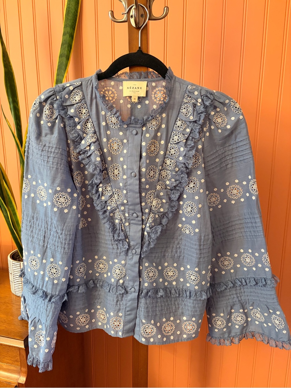 Sézane Blue Embroidered Ruffle Blouse — Size 38 - $80 OBO